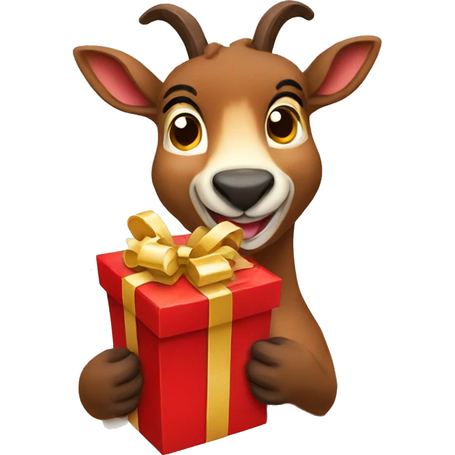 happy smiling brown chamois holding red gift emoji