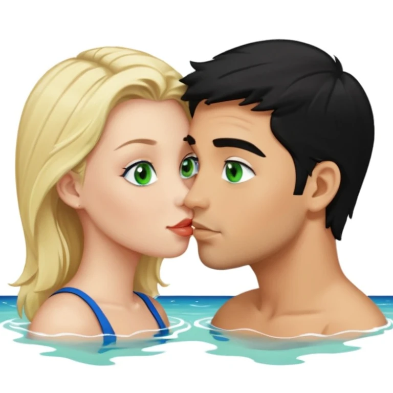 Blonde Woman, green eyes, naked breast, Kissing man with blue eyes, black Hair, whole body, Background sea  emoji