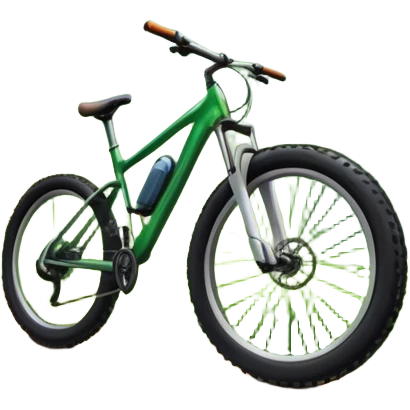 An icon showing a mountain bike with thick tires on a forest trail, surrounded by trees and natural terrain. The background features a lush green forest with sunlight filtering through the branches, and a winding path ahead. Transparent background highlights the  adventure of mountain biking. emoji