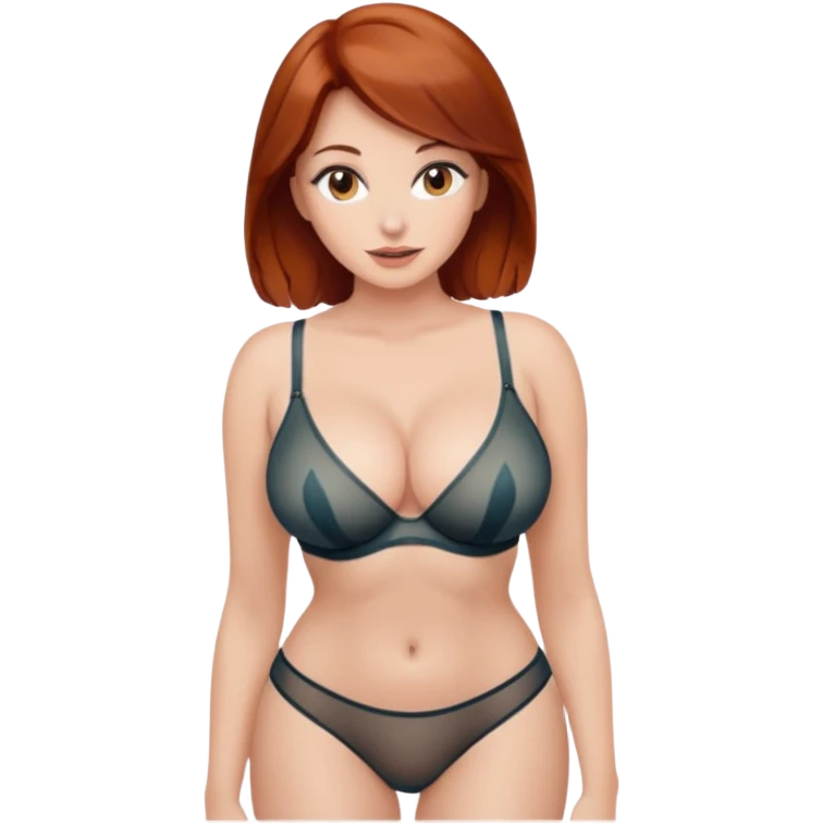 She wears tiny see through mesh panties that show her auburn pubic hair.  Her breasts are large with cleavage emoji