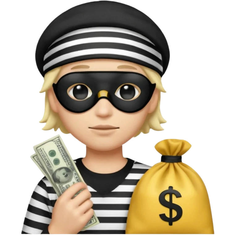 Realistic ios emoji-style portrait of a classic burglar, a black eye mask and a black-and-white striped shirt. emoji-like hair, black hat, a bag of money 💰 with a dollar sign in a right corner, mean expression  emoji