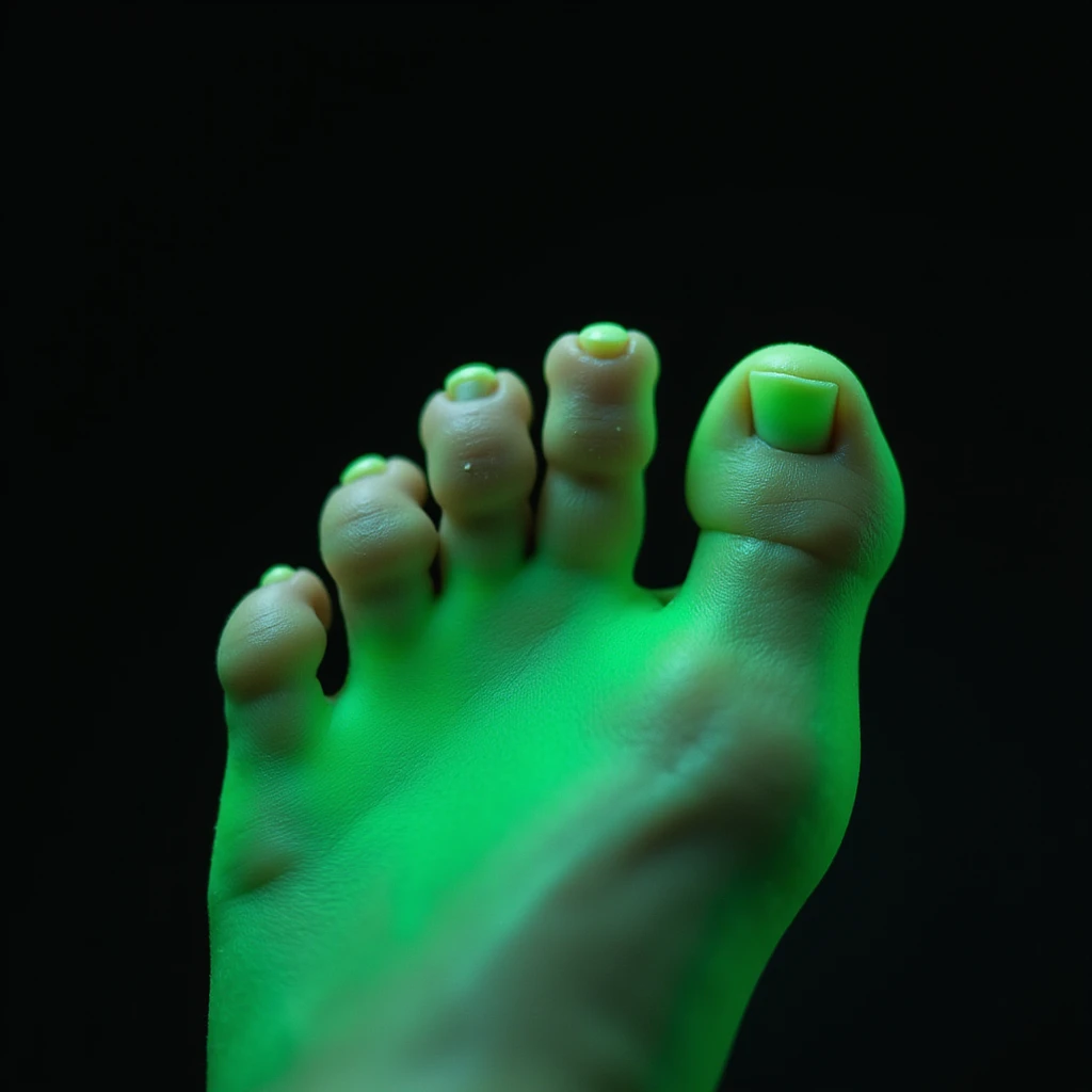 close-up of woman's foot with orthopedic insole, glowing green effect on foot indicating relief, realistic style, white background emoji