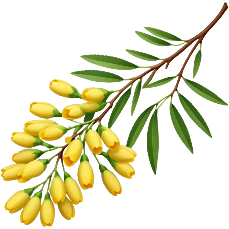 A delicate acacia flower with soft petals and vibrant colors, blooming on a slender branch with green leaves emoji