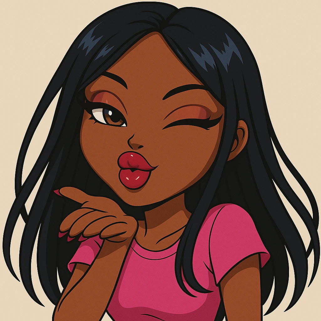 Make her wink while blowing a kiss, headshot only, keep her as a 20-year-old anime Bratz style woman with dark skin, dark hair, bold colorful fashion-forward look, big expressive eyes, glossy lips, and a happy expression. No tears. emoji