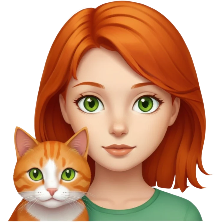 Chica peliroja ojos café con gata naranja ojos verdes emoji
