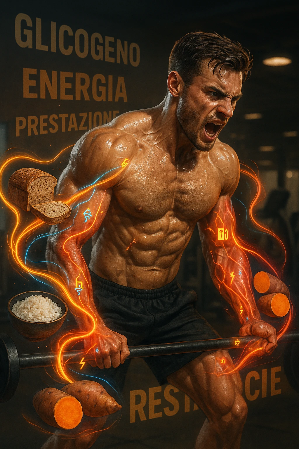Uomo atletico di circa 30 anni durante un allenamento intenso in palestra, con muscoli ben definiti e sudati. Intorno a lui si visualizzano flussi energetici colorati che partono da fonti di carboidrati (pane integrale, riso, patate dolci) e si dirigono verso i suoi muscoli. I muscoli appaiono attivi, tesi e in pieno sforzo, con piccoli simboli di 'carburante' o energia che entrano nei tessuti. Espressione concentrata e potente. Sullo sfondo, parole come 'glicogeno', 'energia', 'prestazione'. Atmosfera dinamica, intensa e positiva. in italiano emoji