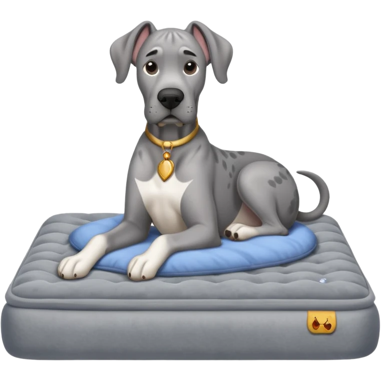 Gray Great Dane on king size mattress floppy ears emoji