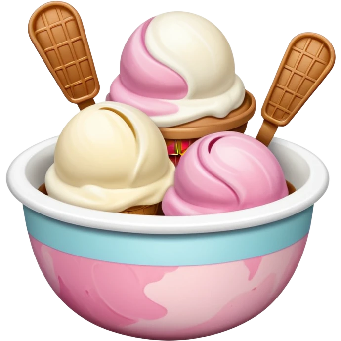 White, brown, and pink ice cream scoops in a bowl emoji