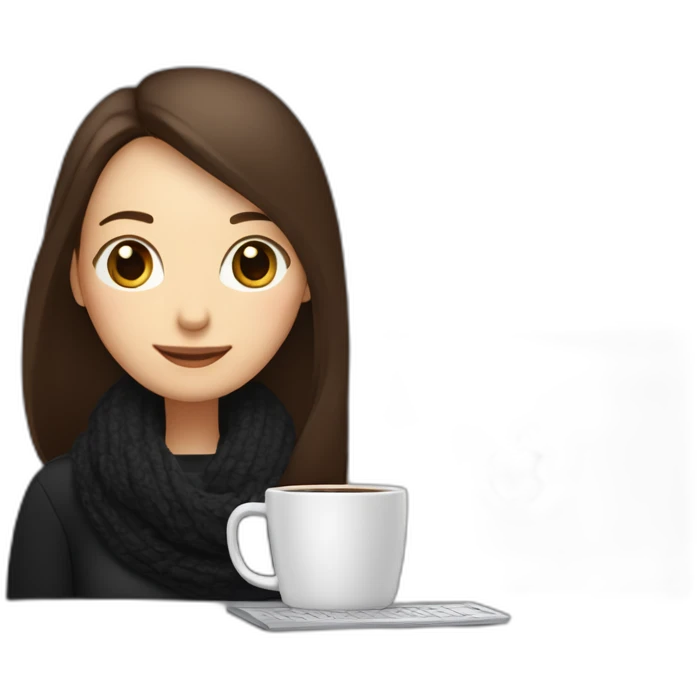 eyes closed smiling woman with pale skin middle dark brown long straight hair with a laptop and a large coffee mug wearing a black woolly shirt and a black woolly scarf emoji