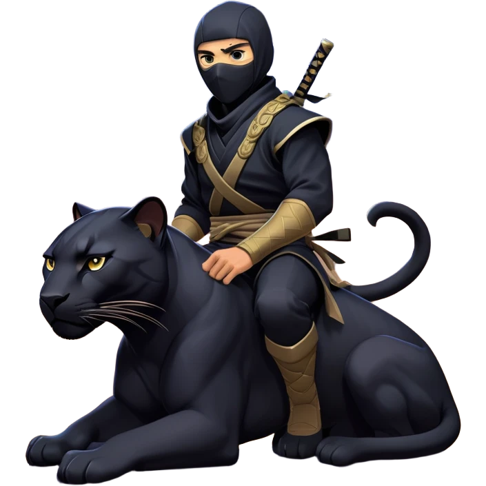 clash-of-clans-aesthetic_-cinematic-mysterious-male-ninja-portrait-emoji, rendered in a flat, vector-style with minimal shading and bold, simplified shapes, with a head slightly turned revealing intense, focused eyes, perched atop a sleek, agile panther with glossy fur moving silently through shadowed urban rooftops and moonlit alleyways. emoji