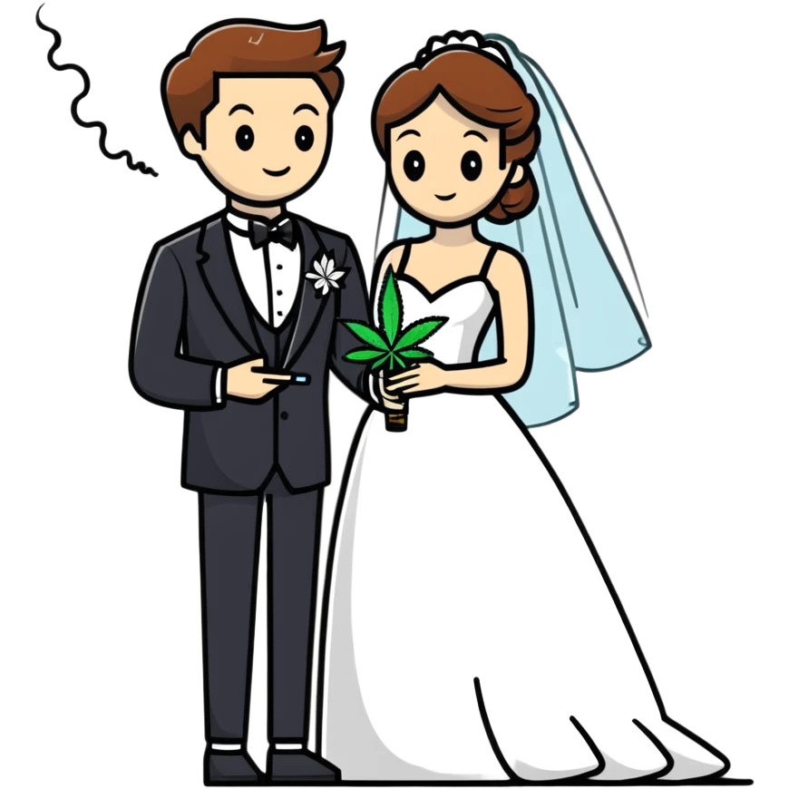A bride in white wedding dress and groom in tuxedo, full body, smoking cannabis together, wedding couple emoji
