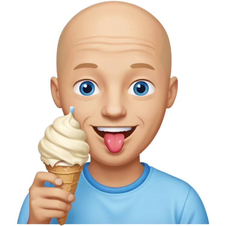 Smiling Bald man with blue eyes shoving ice cream in his mouth emoji