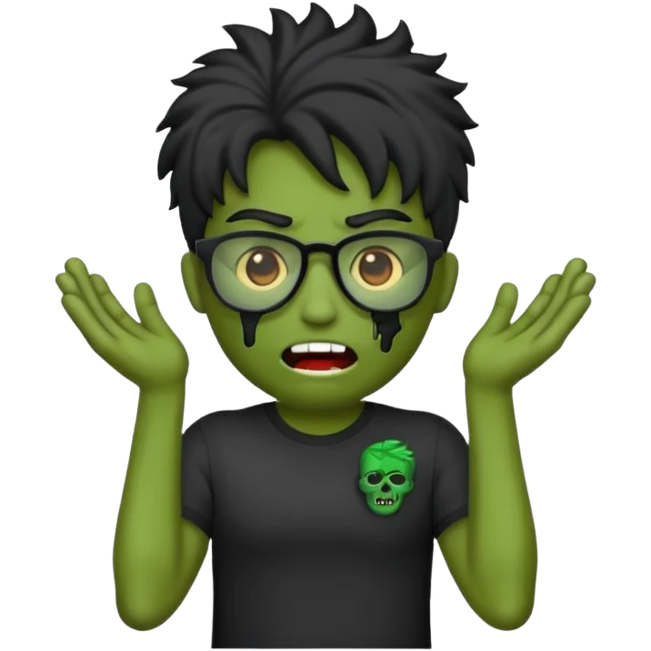 Crie um zumbi estilo emoji do iPhone com cabelo ondulado grande preto com camiseta preta e óculos de grau preto emoji