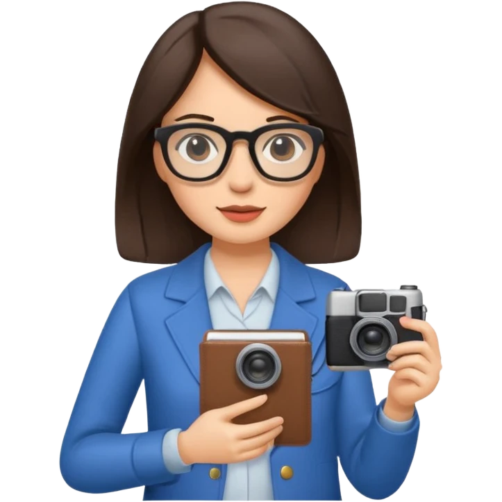 journalist brunette woman with glasses holding camera and notebook emoji
