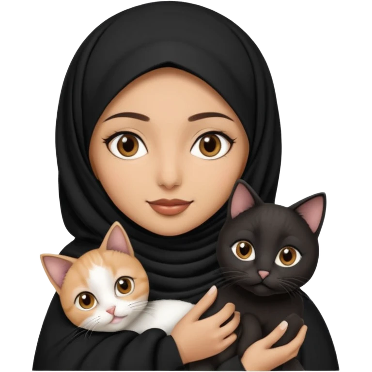 A Arabic woman human with brown eyes and black hijab. , the human is a human, she carry two cat is black and white and the other cath is black and white,,  NO EARS ON THE HUMAN ,  emoji