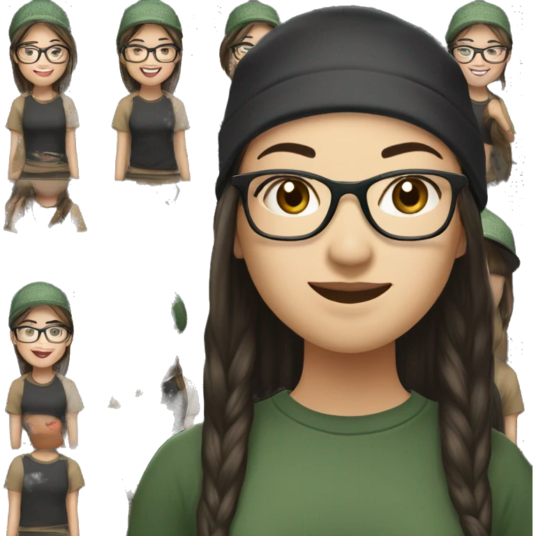 Hyper realistic, look from side, asian adult woman, light white skin, smiling with teeth, black eyes, spotted frame glasses, long light brown straight hair, black T-shirt, dark green cap. emoji