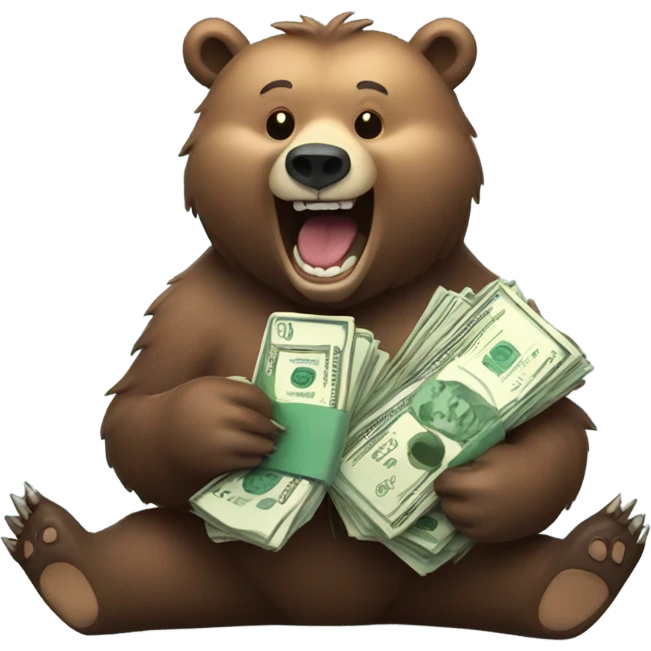 grizzly bear holding lots of money and looking happy emoji