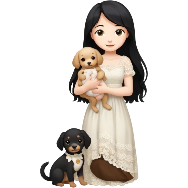 Pastel anime lady long hair with long lace dress full body holding puppy emoji