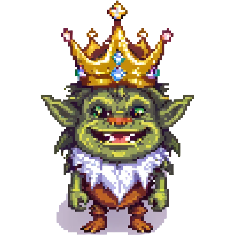 happy goblin king, beardless, wearing a crown, happy expression emoji