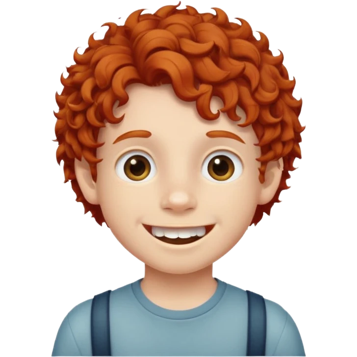 redhead kid with unique face features and very curly hair kid boy happy and braces on teeth emoji
