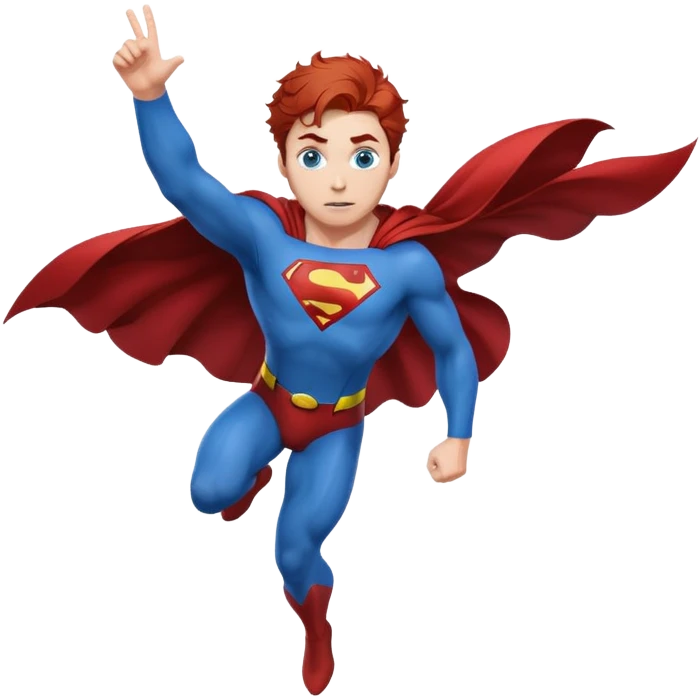 flying superman，full body, blue eyes, redish messy hair emoji