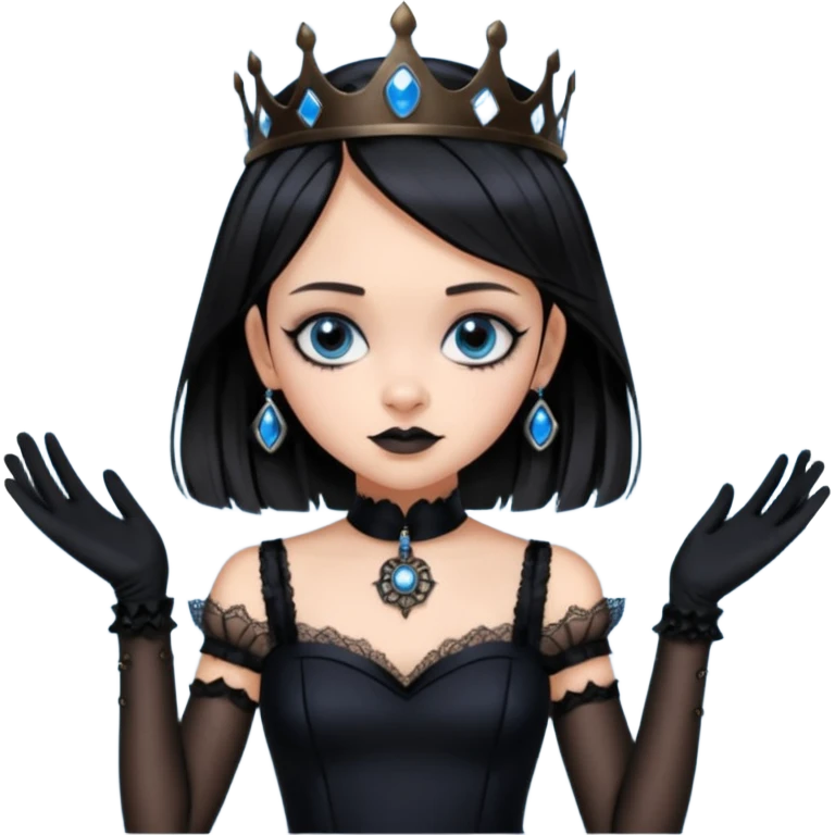 Slim fitting seductively dressed, Holed and worn Lavish black evening gown with see-through wispy black gloves, holding pose witchy Jenna Ortega as student Addams woman wearing a steampunk style mini tiara, very large blue evil-looking horned old evil eyes  emoji