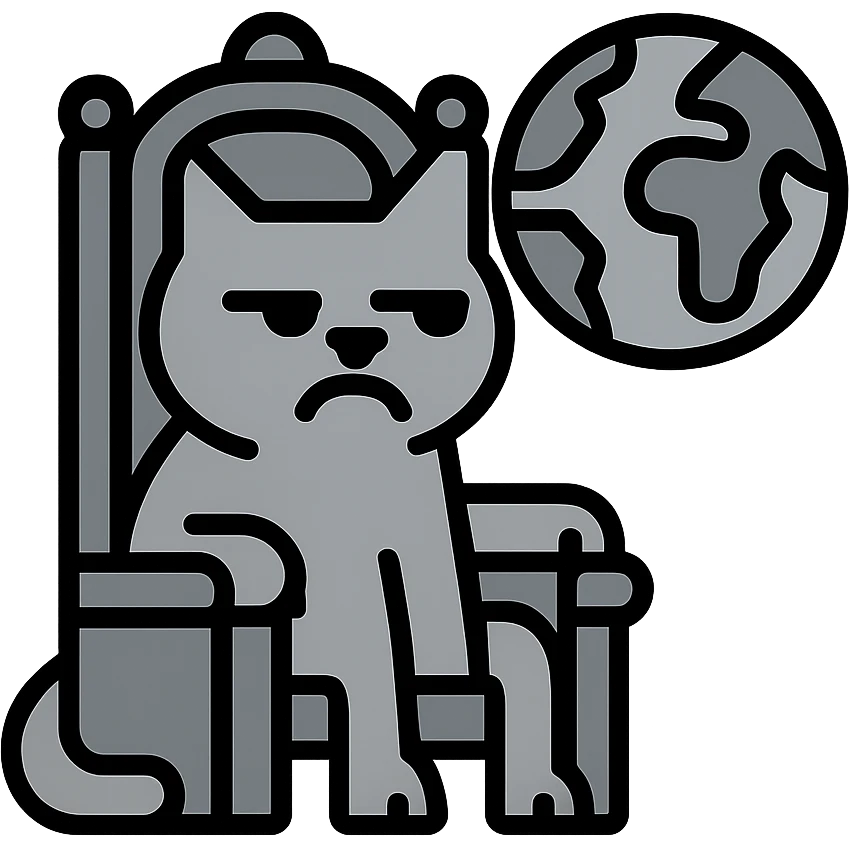 A gray cat with a black nose sitting on a throne looking at the world with disgust emoji
