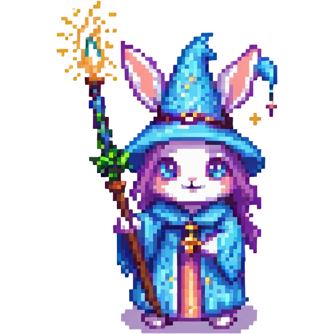 wizard baby bunny casting a spell with sparkles, pixel art style emoji
