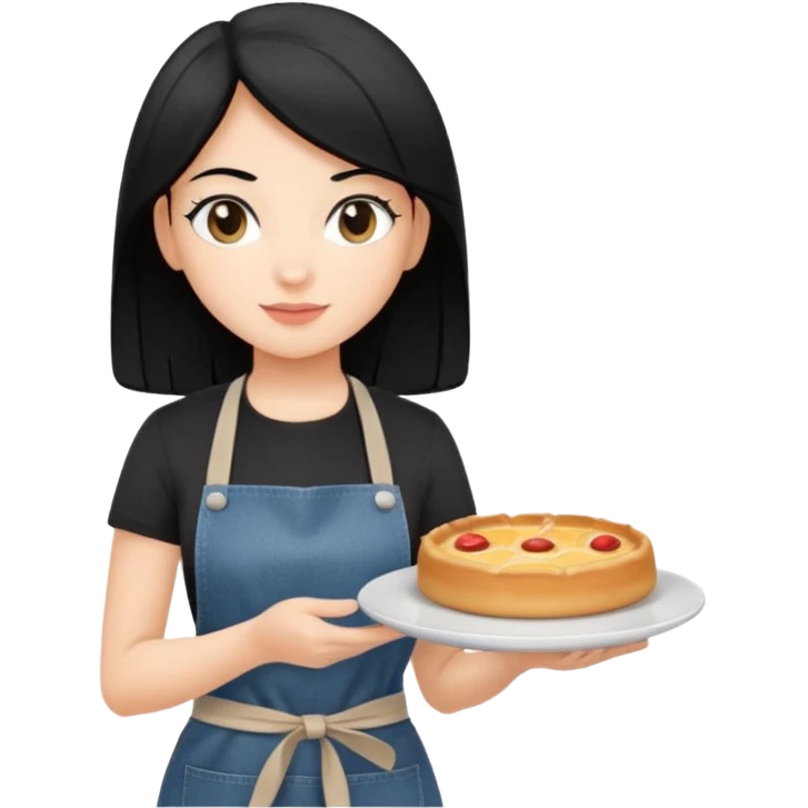 waitress with black hair and a food plate with a black tshirt and ª jeans apron. with a bigger plate and the plate with a cover  emoji