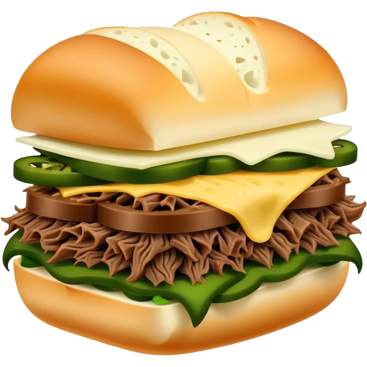 Chicago Italian cheesy beef sandwich. Italian bread, shredded beef, white provolone cheese, green peppers. emoji