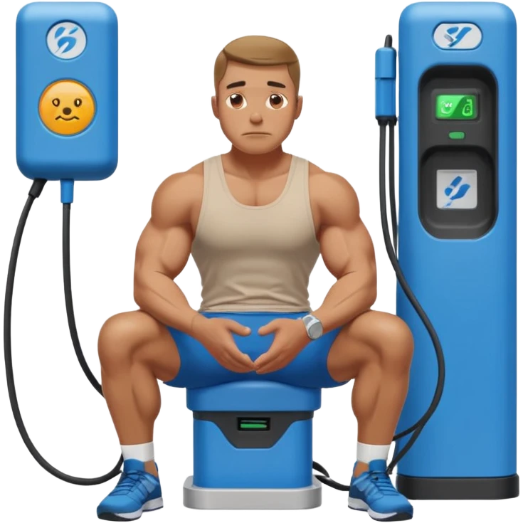 A naked man with bulging muscles sits in a thoughtful pose at a Bluetti charging station. emoji