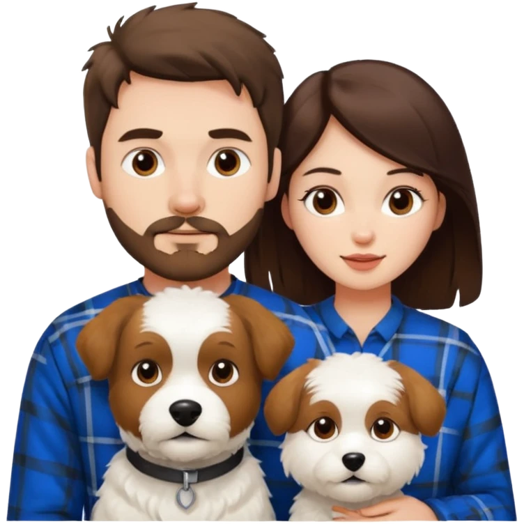 scottish man with stubble, brunette woman and one fully pure white fluffy dog emoji