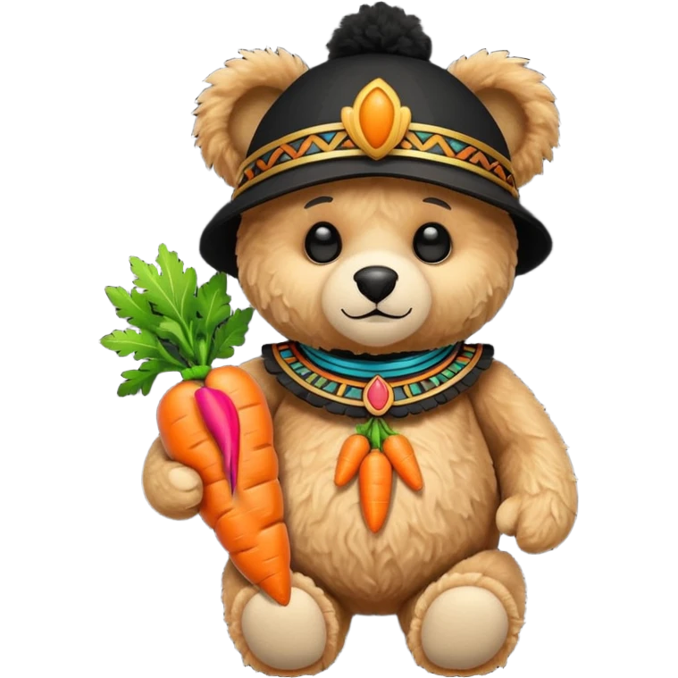 teddy bear, wearing black mayan ancient custome, with carrot emoji
