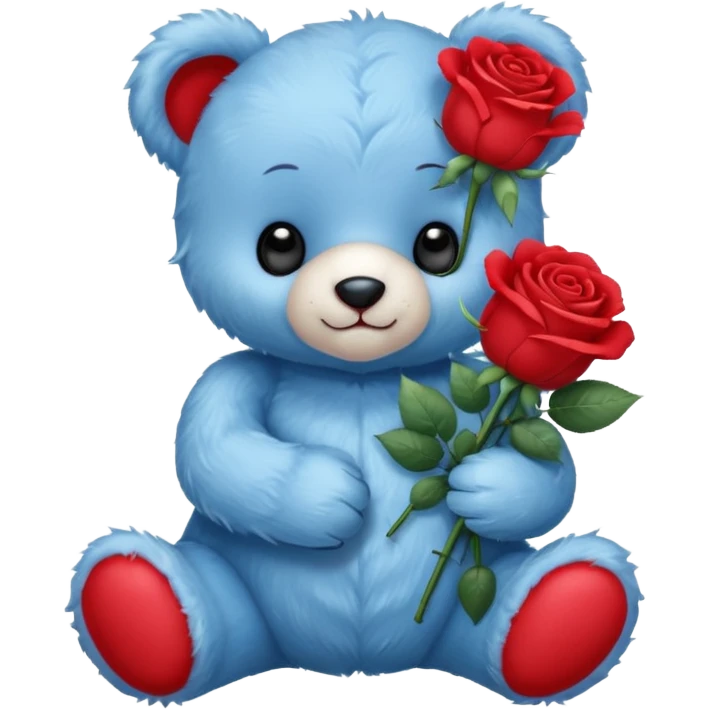 cute blue baby teddy bear holding roses  emoji