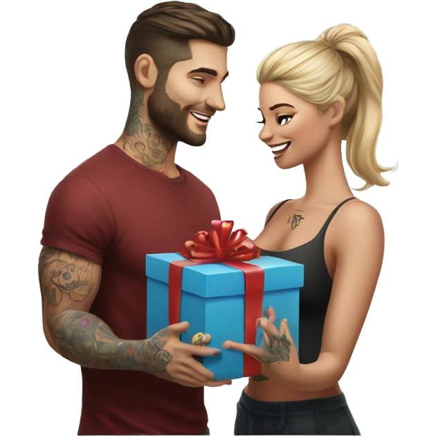 Hyper Realistic beautiful woman receiving a gift from a handsome tattooed man  emoji