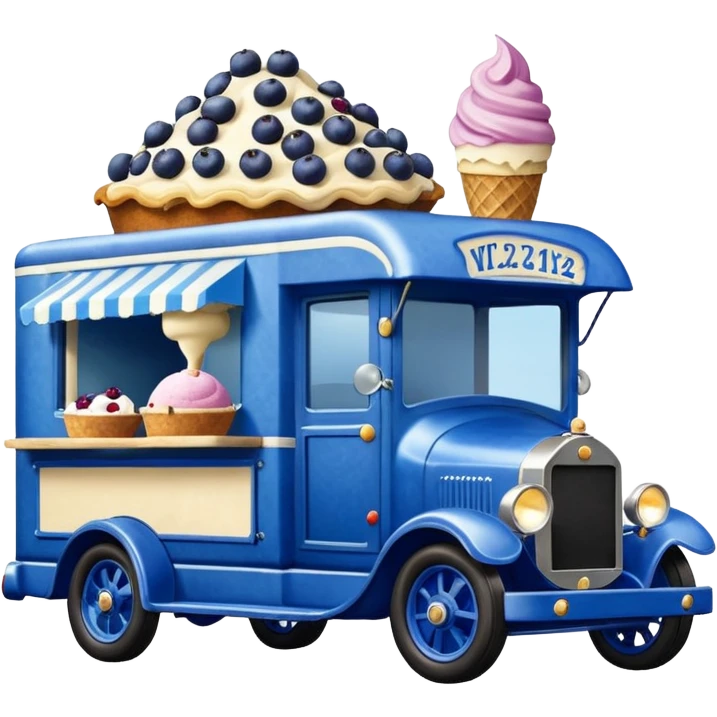 shiny-dark-blue crystal-bodied frozen blueberry muffin, pie, and ice cream, 1912 antique long-wheelbase cab over durable-looking low rider moving truck food truck  emoji