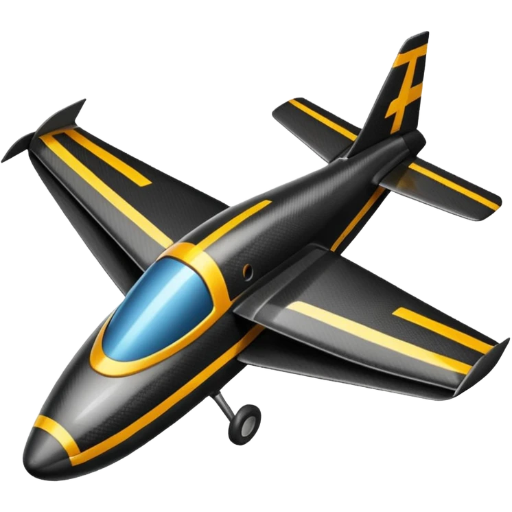 Emoji of a black rc plane. The design is a long thin carbon fiber spar in the longitudinal axe. At the head of the plane, a black carbon fiber long prism where the wings start from. The wings are completely rectangular. The tail is V-shaped emoji