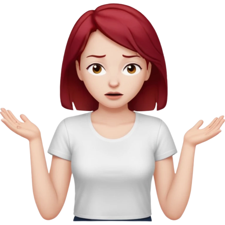 younger woman shrugging, eyes closed, white t-shirt, dark red hair emoji