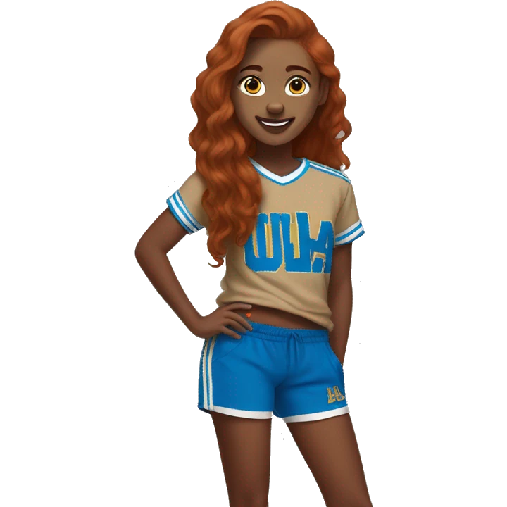 redhead college student wearing a ucla shirt, brown shorts, and adidas sambas emoji