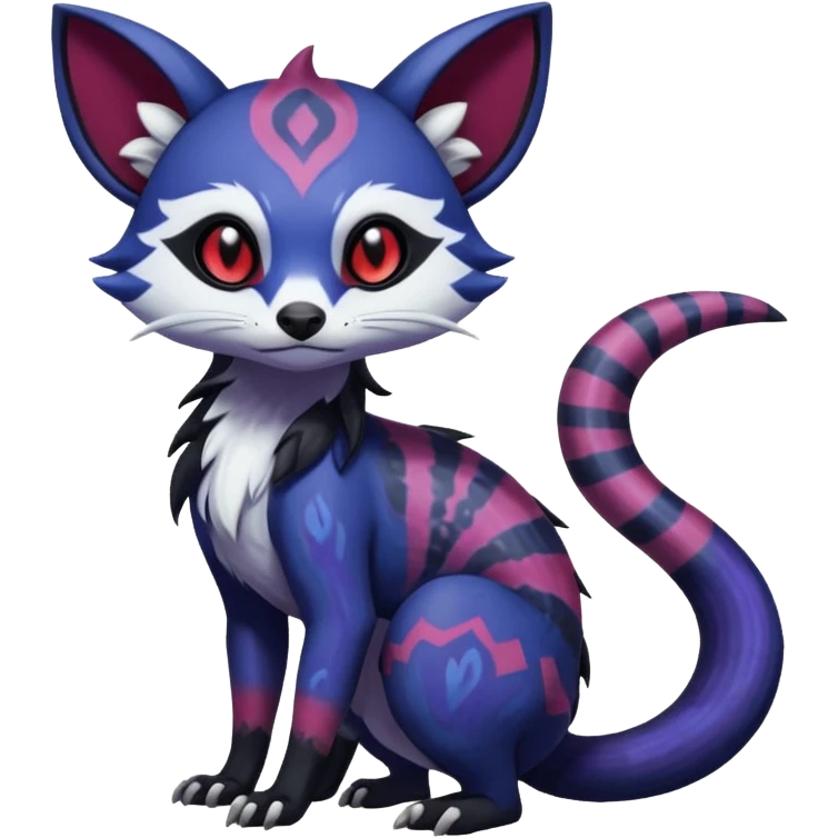 Rare warm-colored exotic gloomy tropical edgy cute epic aesthetic spooky indigo purple white black red gothic colorful Salandit-Furret-Espurr-Meowstic-Civet-species-Fakemon-hybrid-creature, with tribal tattoo markings, full body emoji