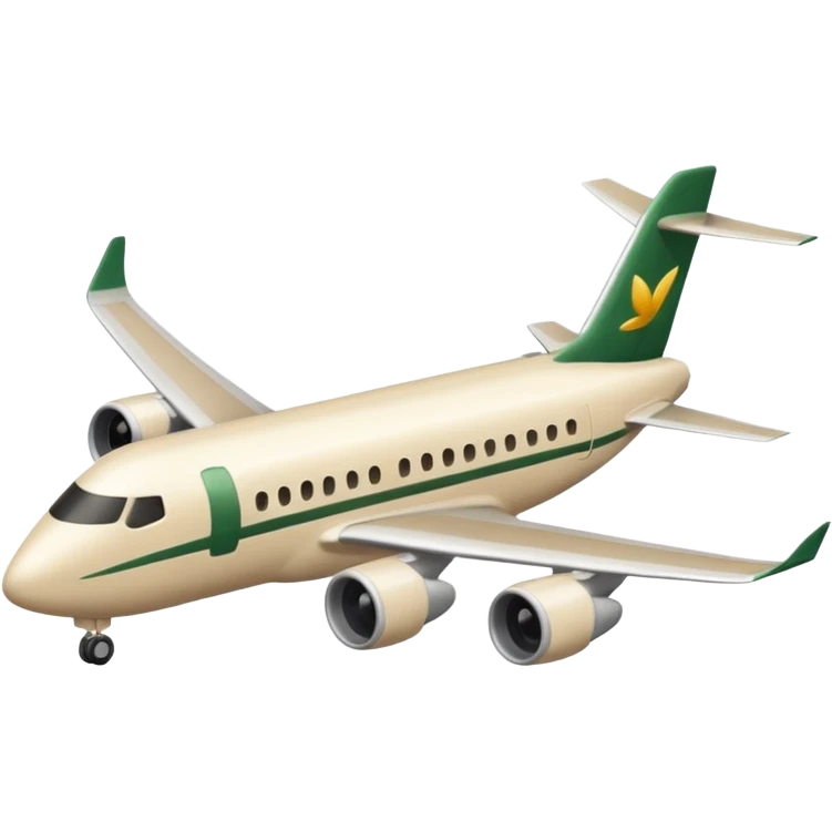 long light beige passenger airplane with light beige wings and dark green accents, emoji style emoji