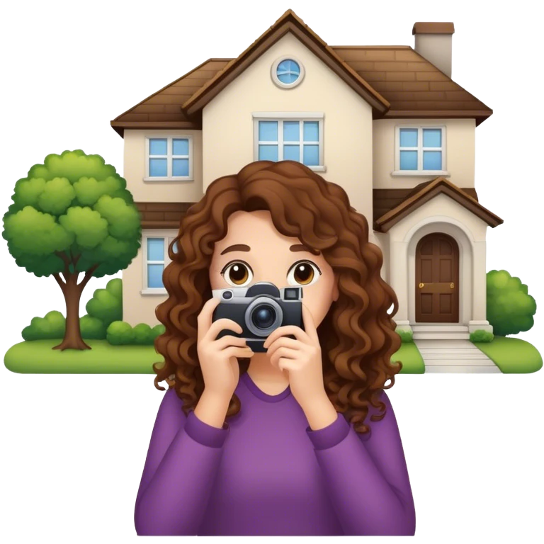 Woman with long curly hair taking a photo of a house emoji