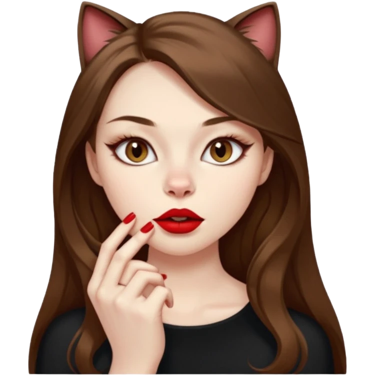 A girl with long brown hair, cat's eye eyeliner, light brown eyes, pale skin and red lipstick biting her nails nervously. emoji