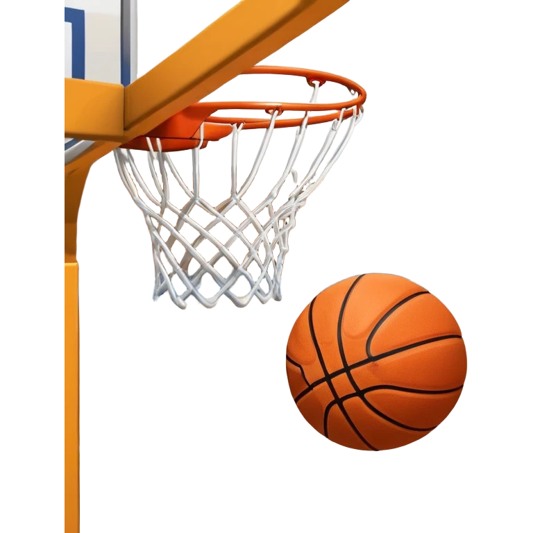 A close-up shot of a basketball entering the hoop, with the ball swishing through and inside  the basket. The background features a blurred basketball court, emphasizing the perfect shot and the excitement of the game. emoji