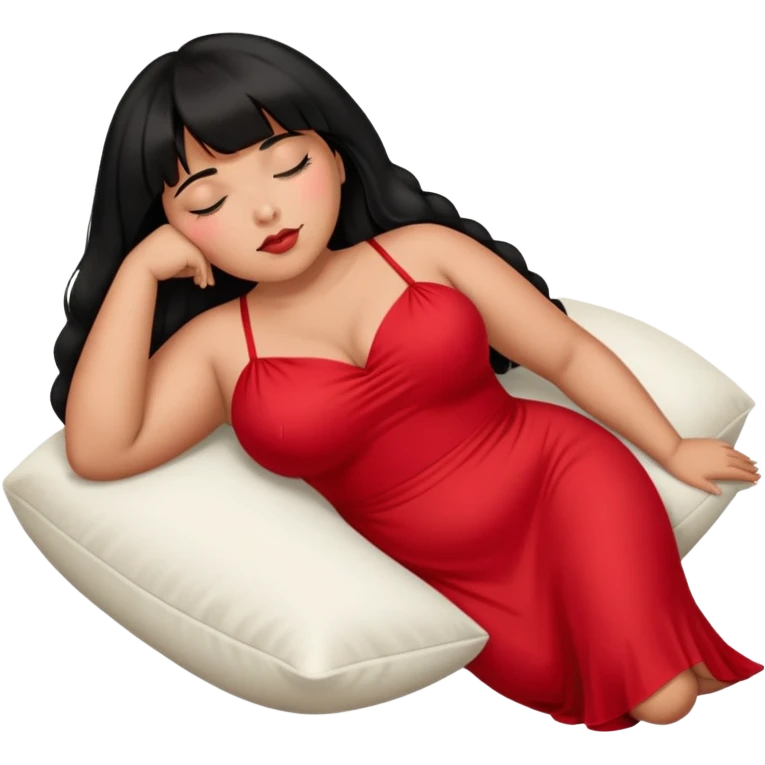 Latina medium skin tone with bangs black long hair plus size sexy red dress laying down and one eye closed emoji