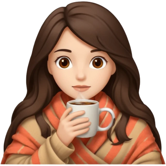 Девушка брюнетка с длинными волосами, костями глазами укутана в пушистый плед бежевого цвета и пьет кофе. Картинка должна были в цветах: бежевый, коралловый и коричневый emoji