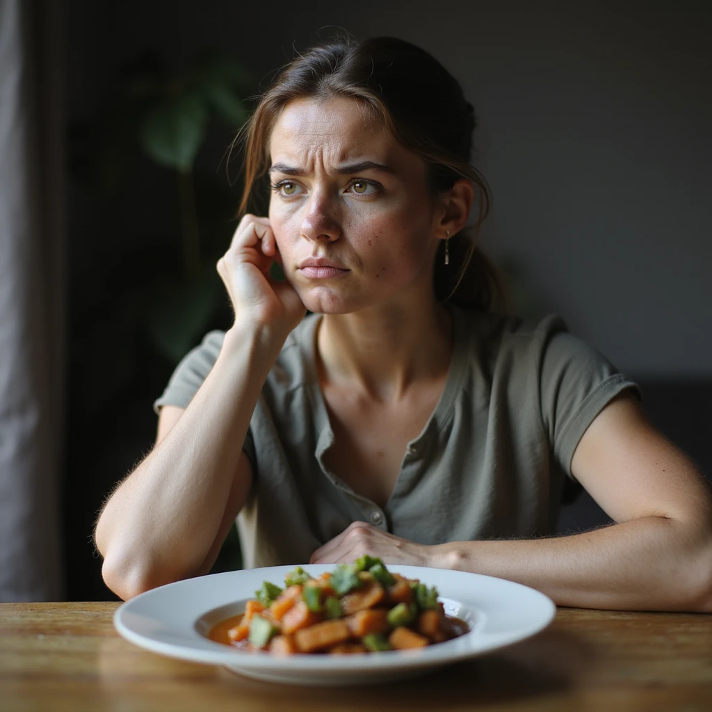 vertical 9:16 portrait of a woman with PCOS sitting at a table with a ketogenic plate, doubtful expression, face with acne and facial hair, thinning hair, realistic atmosphere, hyperrealistic 4K details emoji