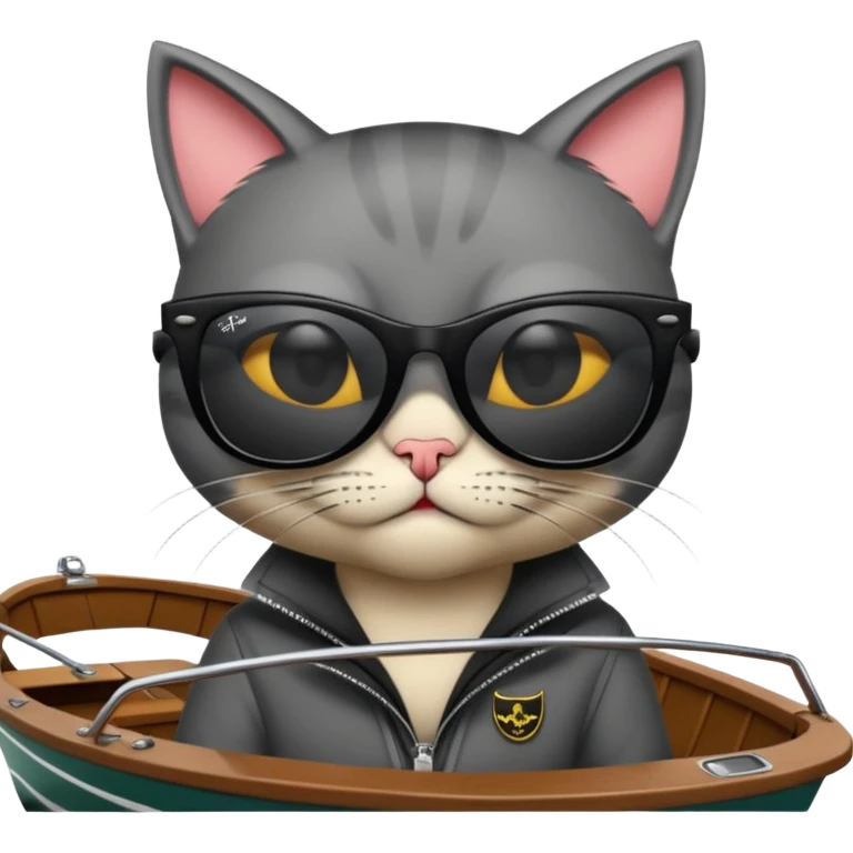 a bad kitty behind the helm of a boat. make the cat look devlishish with a pair of black ray bans wayfers on. driving the boat emoji