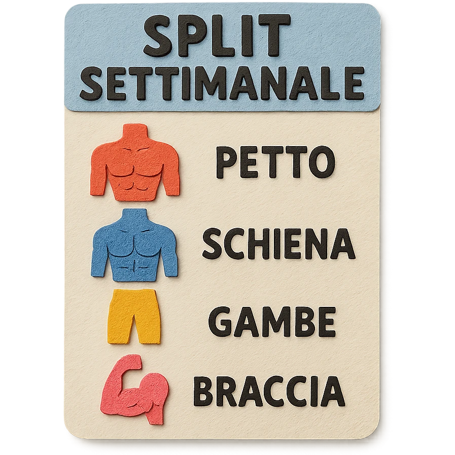 sheet of paper with the text 'SPLIT SETTIMANALE' and various muscle groups drawn, paper craft style emoji