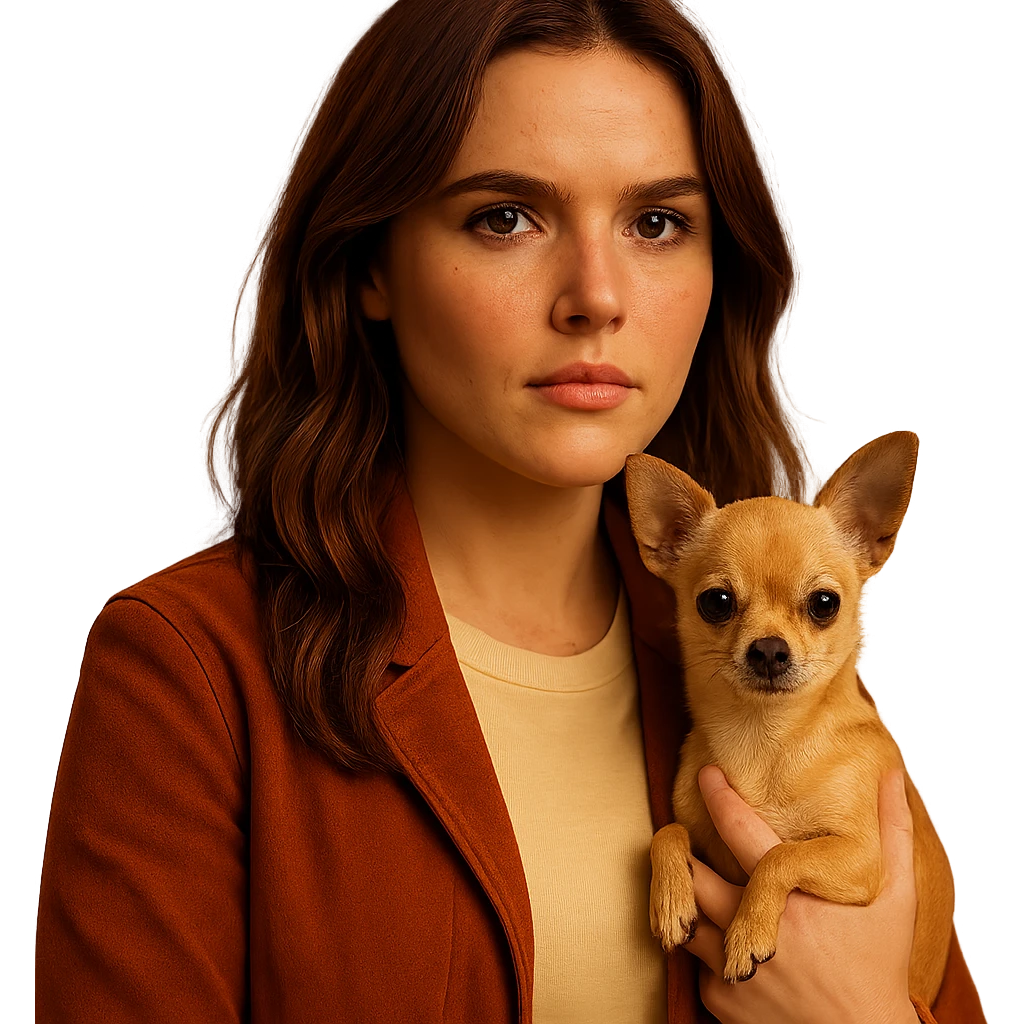 Portrait for Instagram profile inspired by the facial features visible in the reference images, with a tanned complexion, subtle freckles, wearing a shirt colored #FFF8CA and a rust-colored jacket, mid-length brown hair with auburn highlights, a determined and proud expression, holding a beige-brown chihuahua, in the style of a Netflix series, transparent background, intimate Tenerife ambiance. emoji